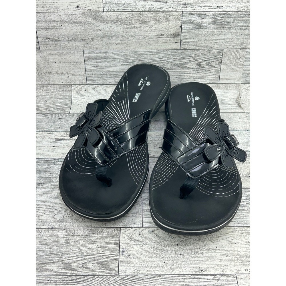 Clarks Cloudsteppers Arla Glison Black Patent Floral Flip Flop Sandals Women 9M
